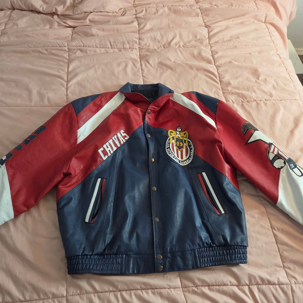 Vintage Chivas Guadalajara Leather Varsity Jacket Red Blue White Soccer Mascot